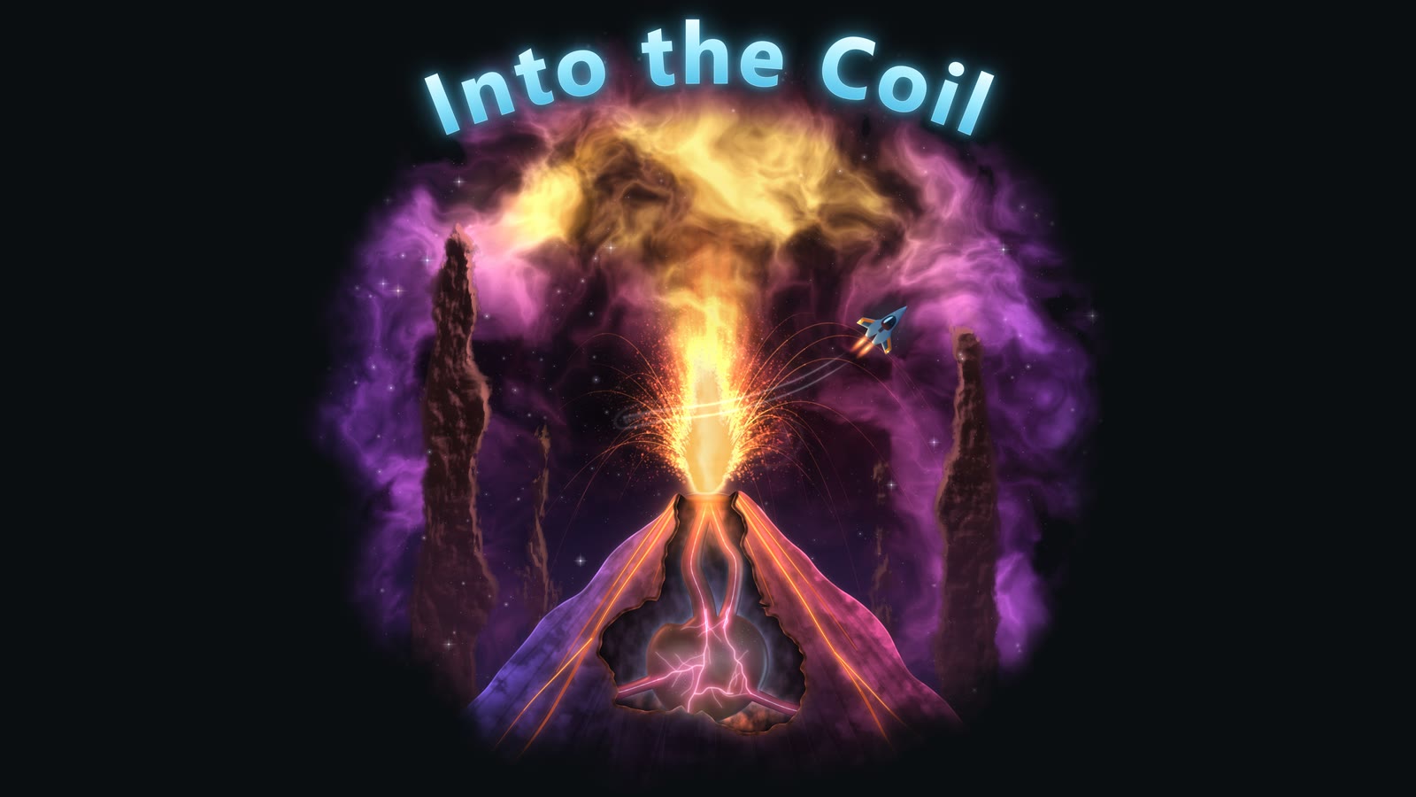 Into the Coil, lettered in glowing blue over a painted nebula: a volcano split open to show a black heart threaded with light, two stone pillars either side, and a small ship flying clear of the eruption.