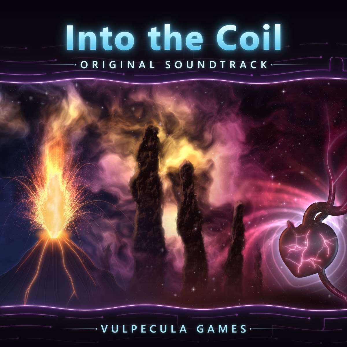 The album cover: Into the Coil, Original Soundtrack, Vulpecula Games, over a painted nebula with a volcano, stone pillars and a black heart.
