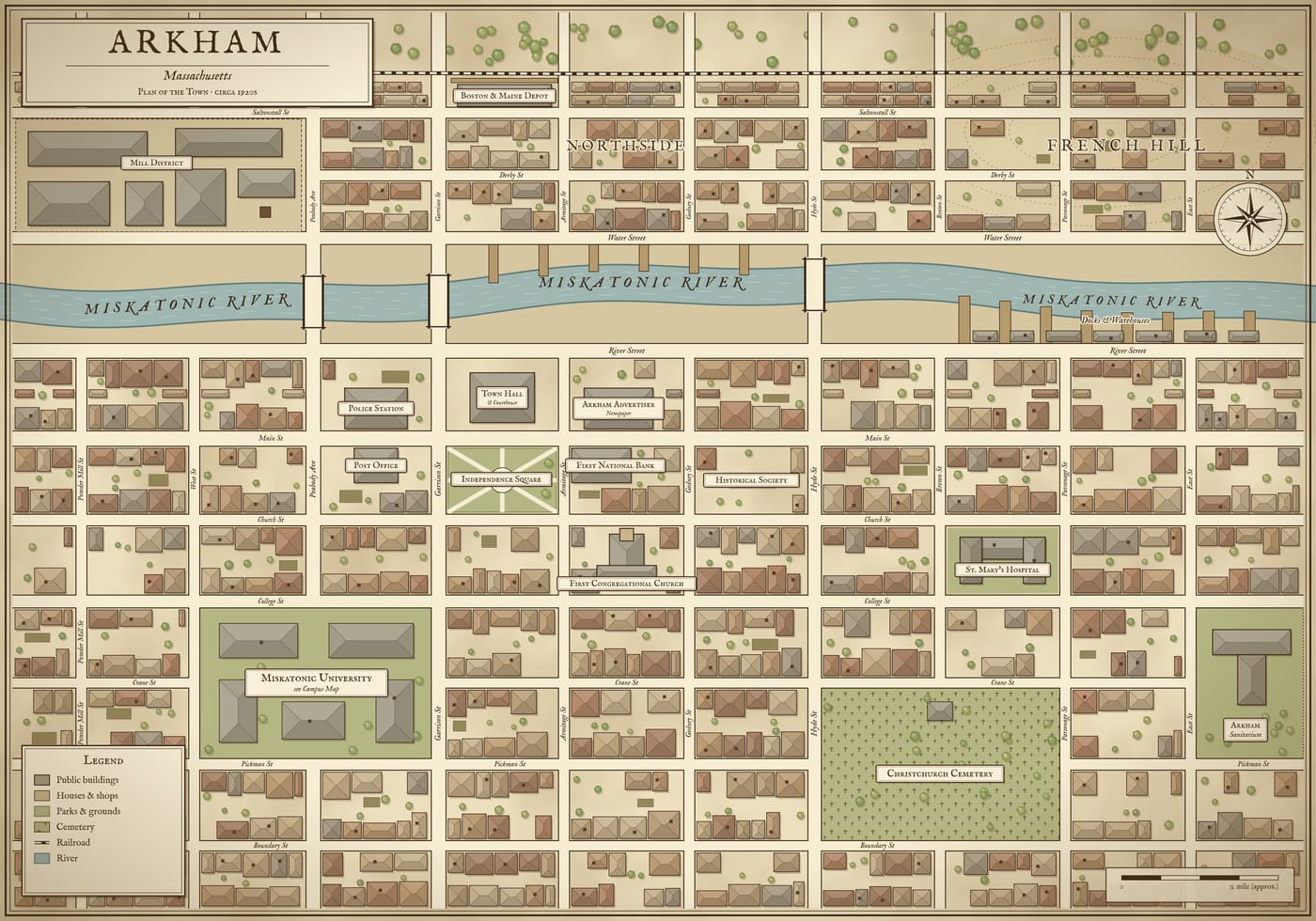 A hand-drawn town plan of Arkham, Massachusetts: brown-roofed blocks either side of the Miskatonic River, with the university, a cemetery, a hospital, the town hall and the newspaper office labelled.