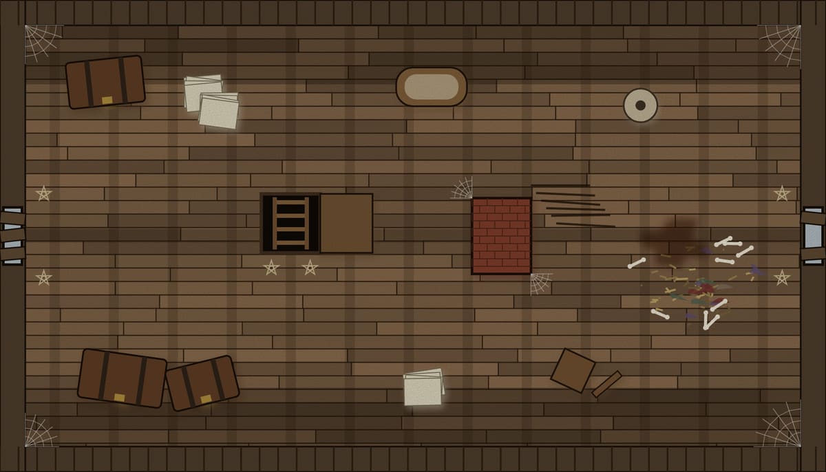 An attic battle map: bare floorboards, old trunks, loose papers, a chimney stack, chalked star symbols near the walls, and a scatter of bones by one window.