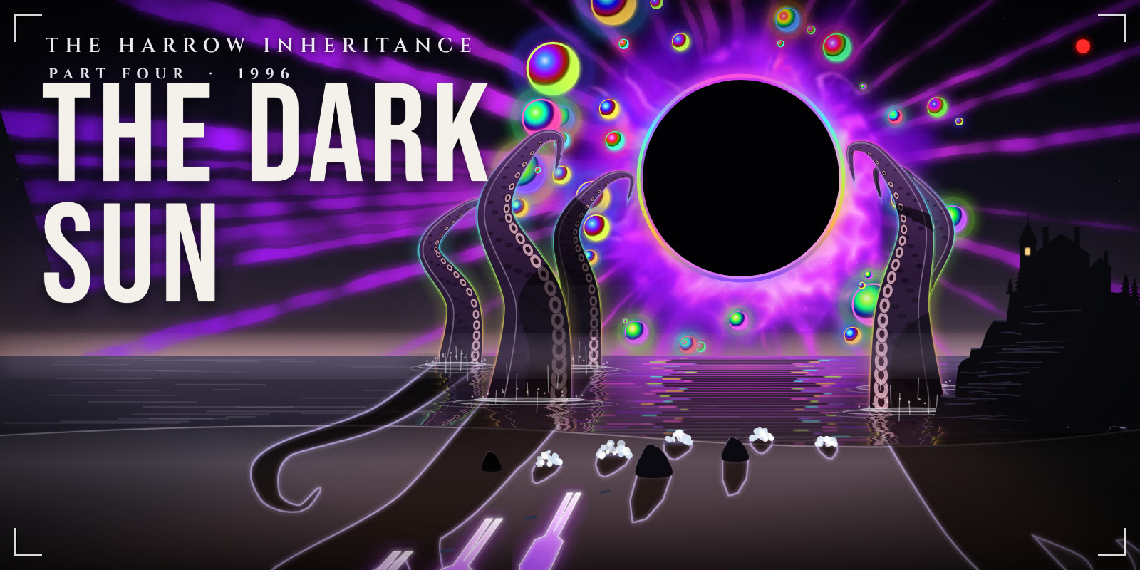 The Harrow Inheritance, Part Four, 1996: The Dark Sun. A black sun ringed in violet rises over a night sea, purple tentacles break the water, and three people on the beach hold up their lights.