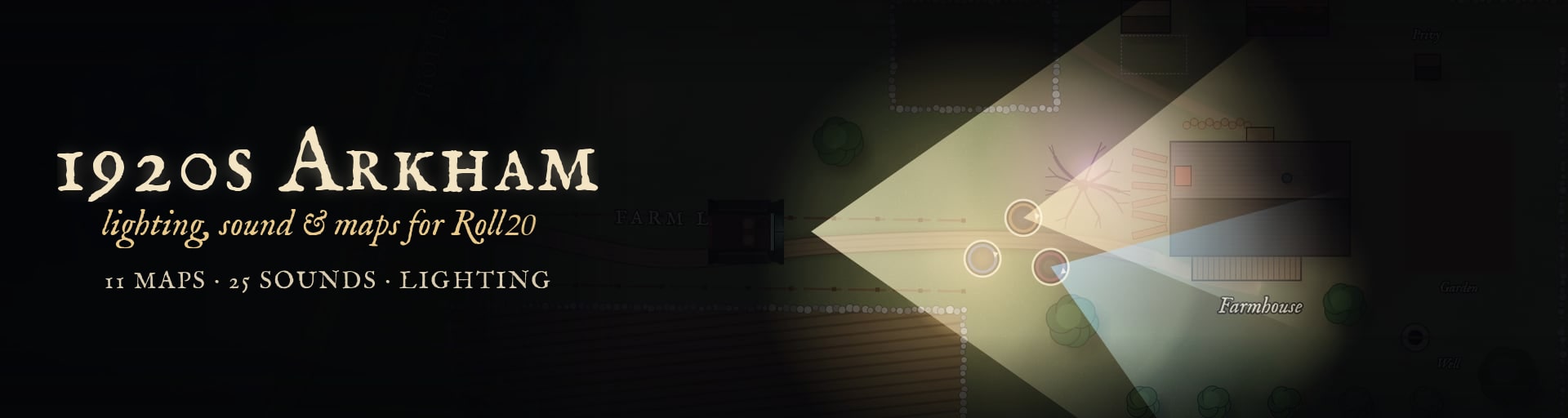 1920s Arkham: lighting, sound and maps for Roll20. Hollow Road at night, a touring car's headlights and three investigators' lights picking out the farmhouse.