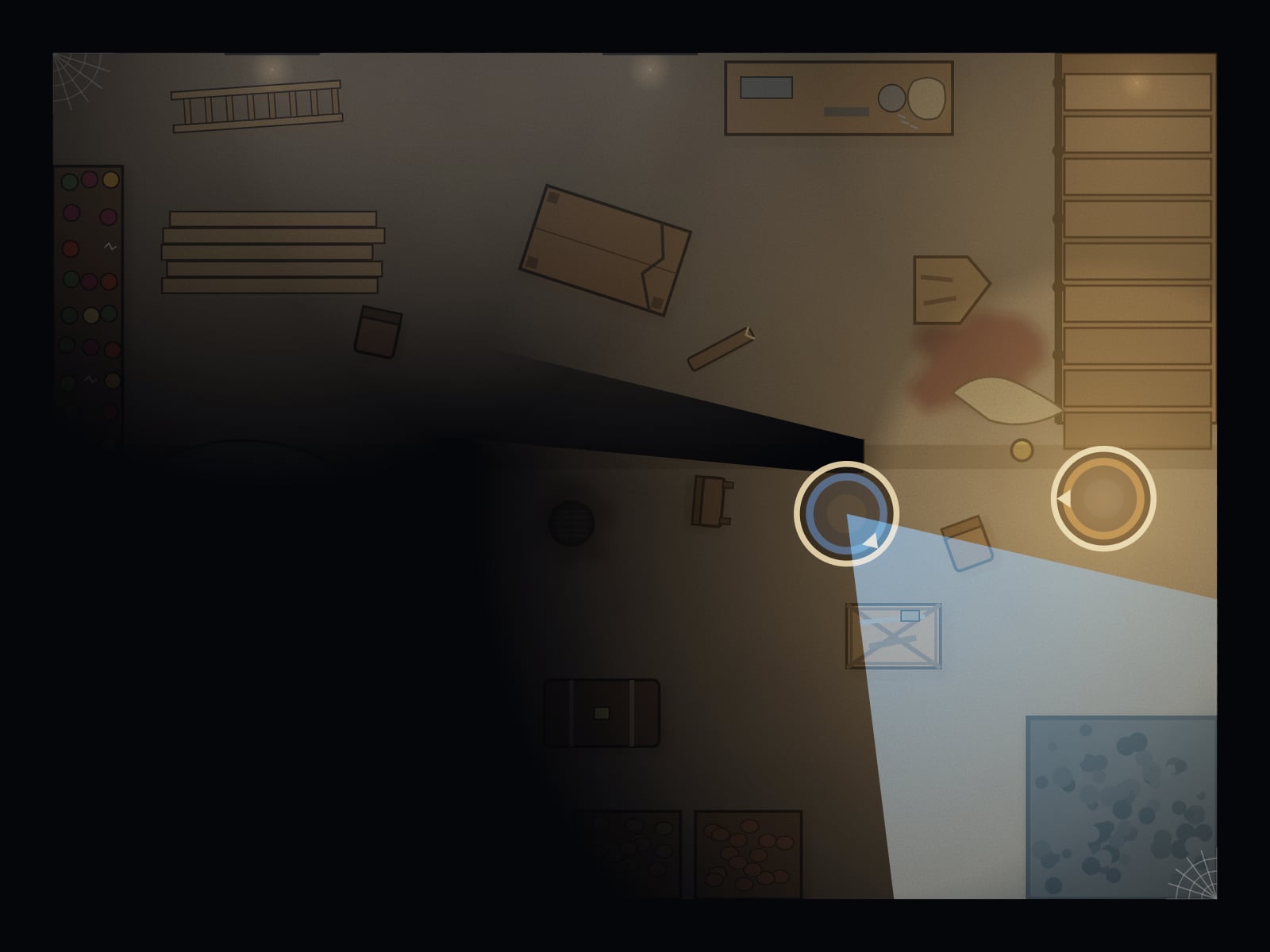 The cellar in the dark: a lantern at the foot of the stairs and a blue electric torch beam aimed at the black corner.