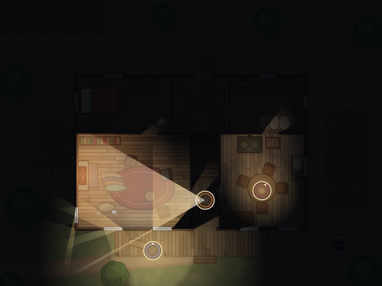 The farmhouse at night: a flashlight beam through the parlour doorway, a lantern on the porch and a candle in the kitchen, with light spilling out of the windows.