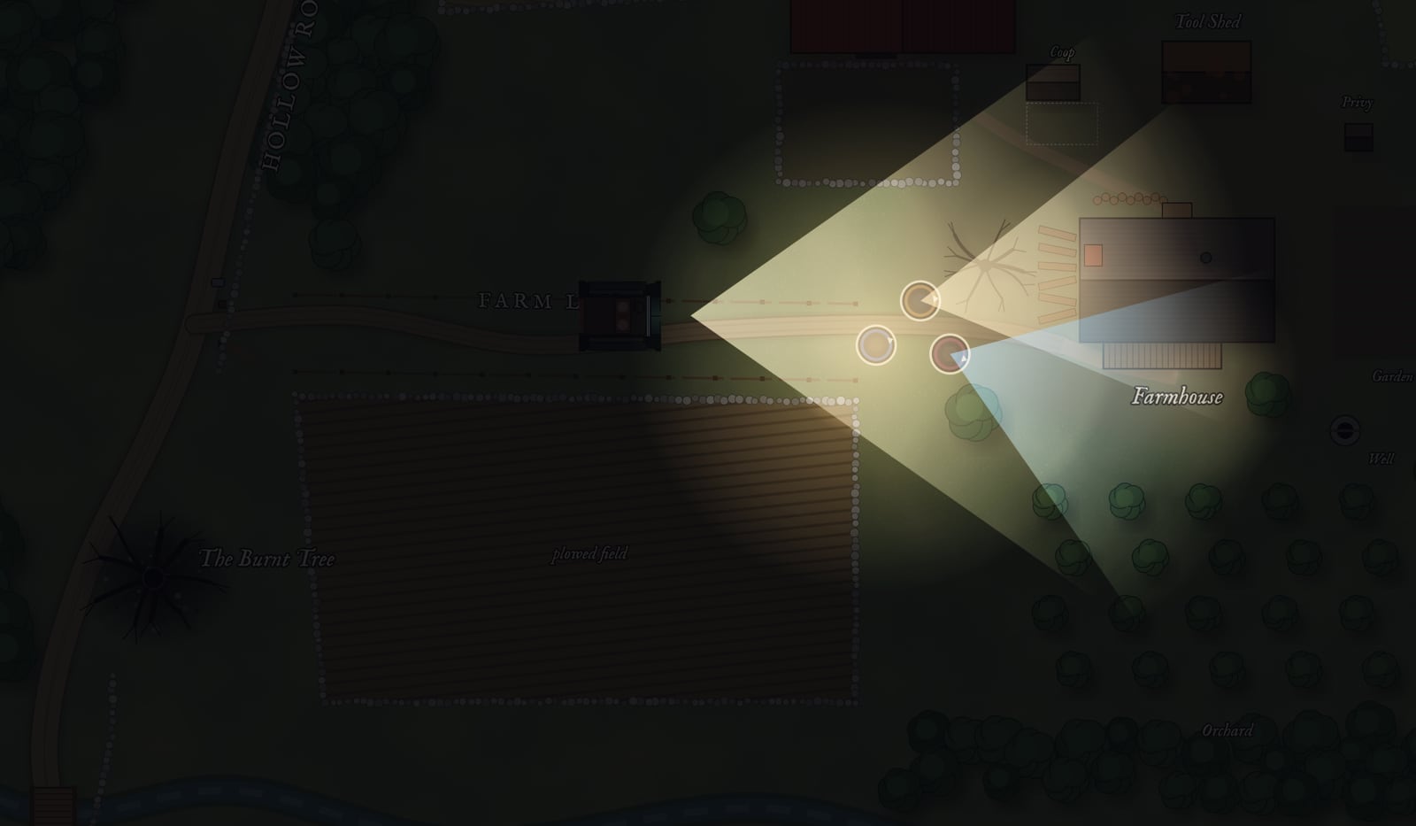 Hollow Road at night: a touring car's headlights and three investigators' lights, a flashlight, a lantern and a blue electric torch, picking out the farm lane and the farmhouse.