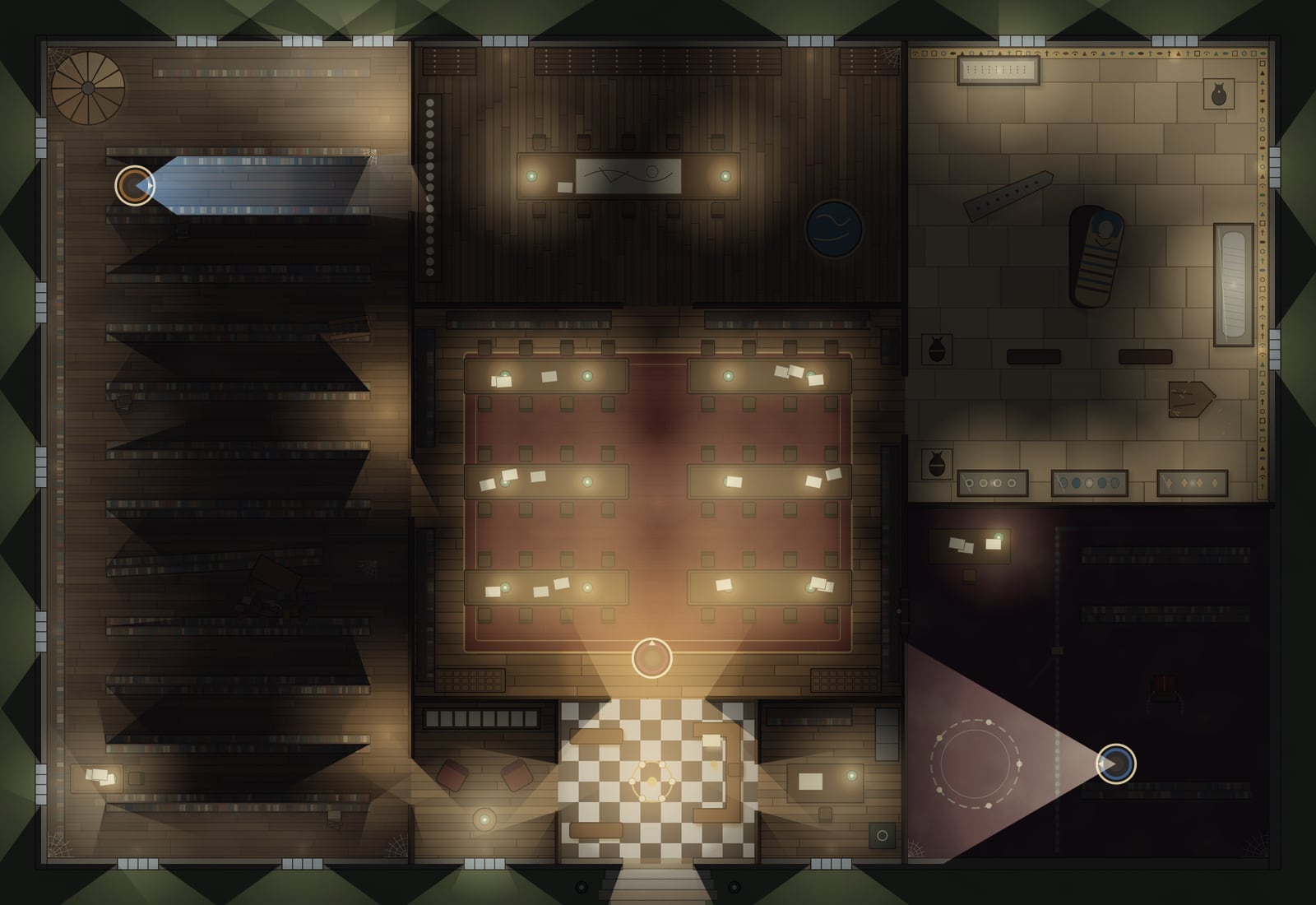 The university library at night: reading lamps on the long tables, a lantern in the reading room, a torch beam down the stacks and a flashlight on the ritual circle.