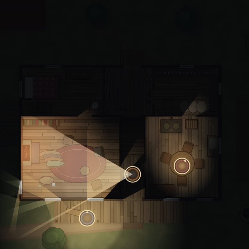 The farmhouse after dark: a flashlight beam through the parlour doorway, a lantern on the porch and a candle in the kitchen.