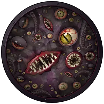 Its round portrait: a purple, many-eyed face with several mouths full of jagged teeth.