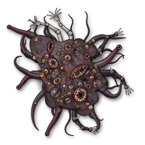 The Many-Mouthed Horror token from above: a dark purple mass covered in eyes and toothed mouths, with tentacles and bony clawed limbs reaching out on every side.