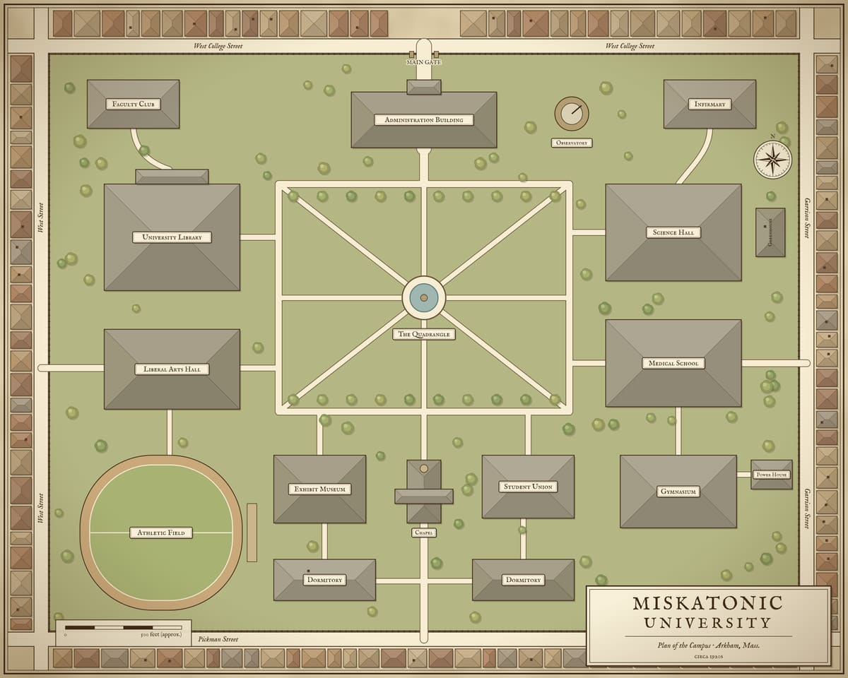 A plan of Miskatonic University: halls, a library, a medical school, an observatory and a chapel around a quadrangle with a fountain, and an athletic field in one corner.