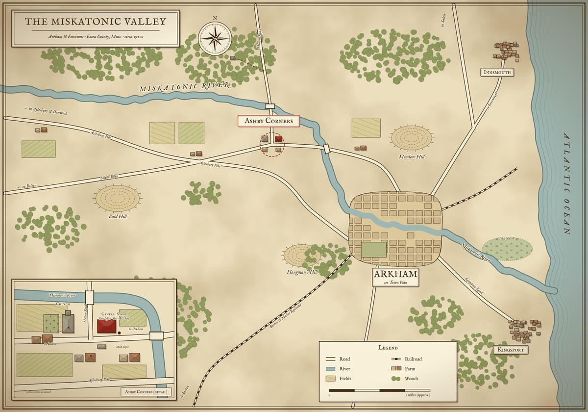 A map of the Miskatonic Valley: the river running from Ashby Corners past Arkham to the Atlantic, with Innsmouth and Kingsport on the coast, three hills, and an inset of the crossroads village.