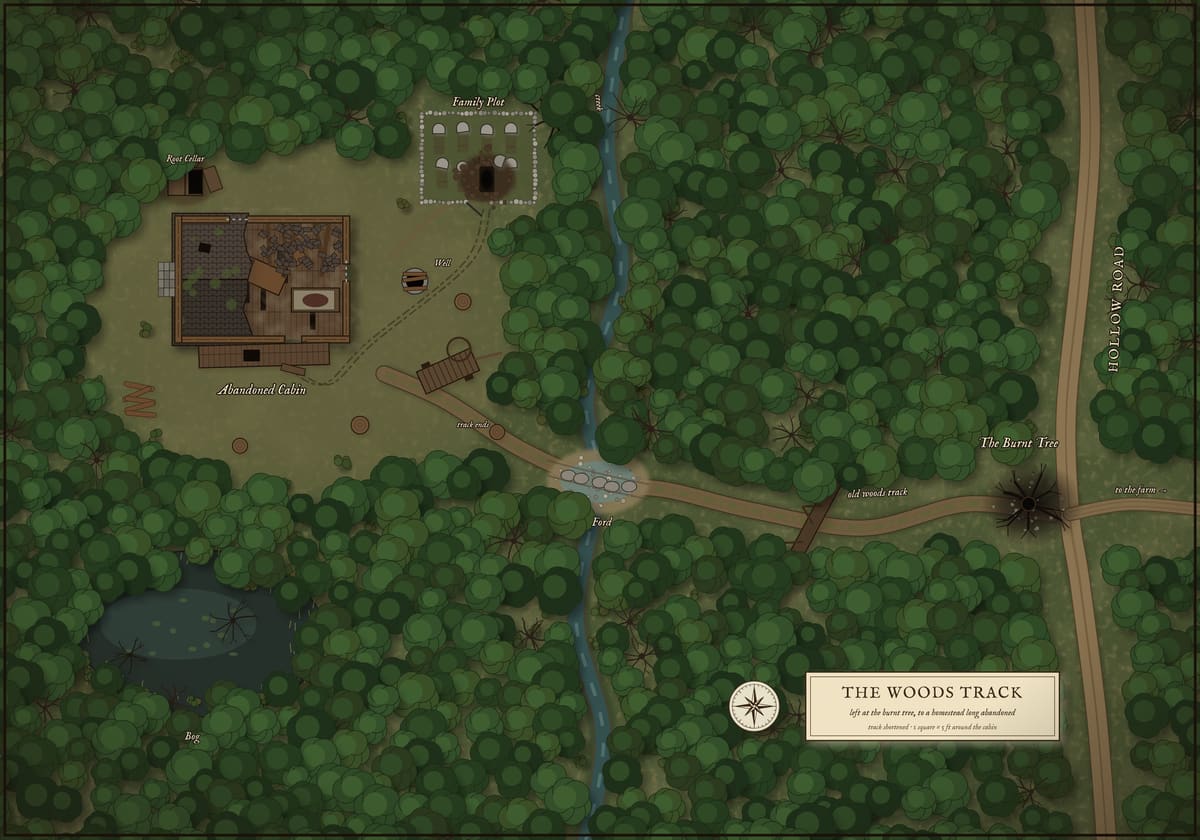 A dense wood split by a stream, a track leading from a burnt tree to an abandoned cabin in a clearing, a family plot and a dark pond.