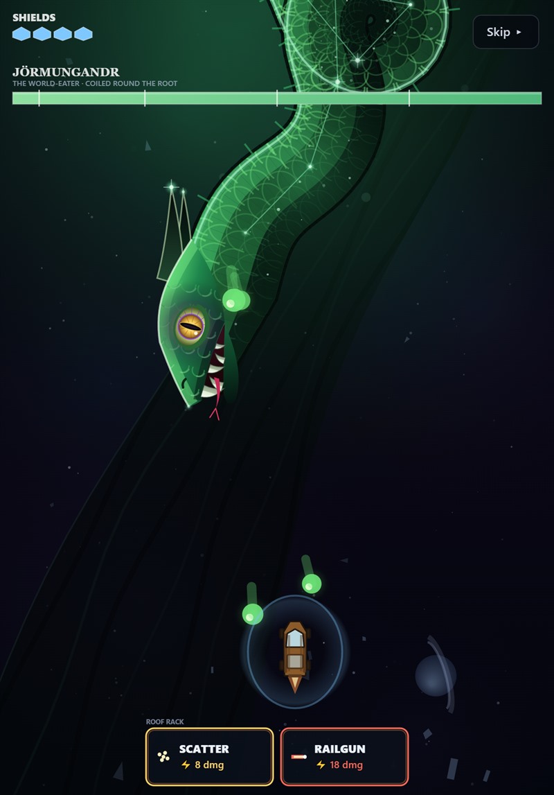 The finale battle: an enormous green serpent looming down the screen with its jaws open, firing venom orbs at a small shielded ship at the bottom.