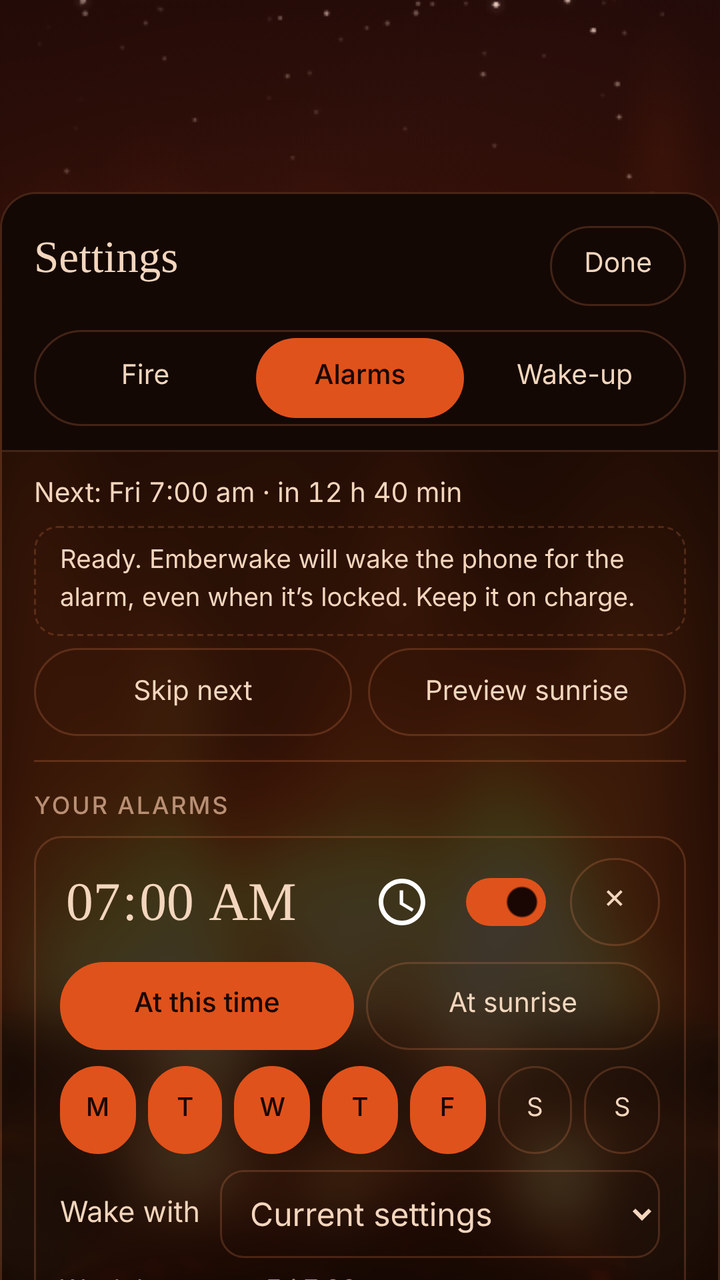 Emberwake's Alarms settings: the next alarm Friday at 7:00 am, a note that Emberwake will wake the phone even when it's locked, and a 7:00 am alarm set for Monday to Friday.