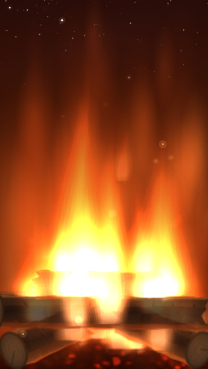 The Hearth fire filling a phone screen: tall orange flames over split logs and glowing coals, under a starry sky.