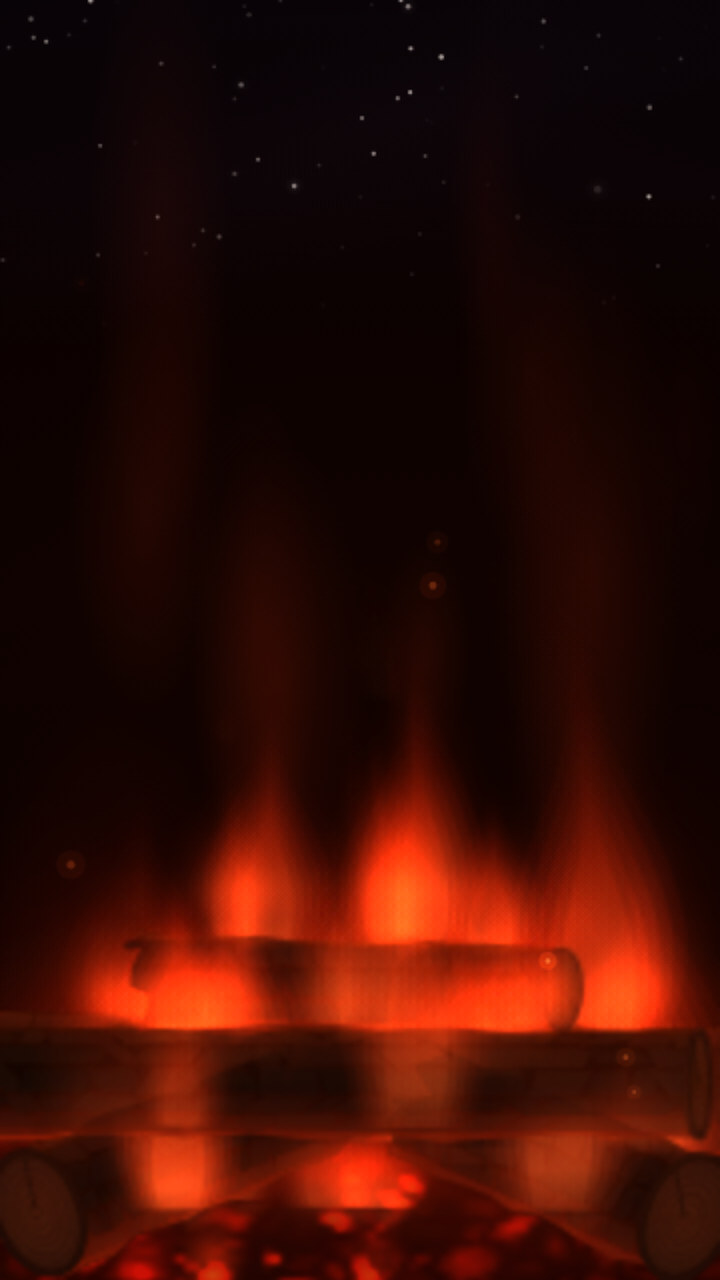 The Night red fire: low, deep red flames over dark logs and a bed of red coals, with stars in a black sky above.