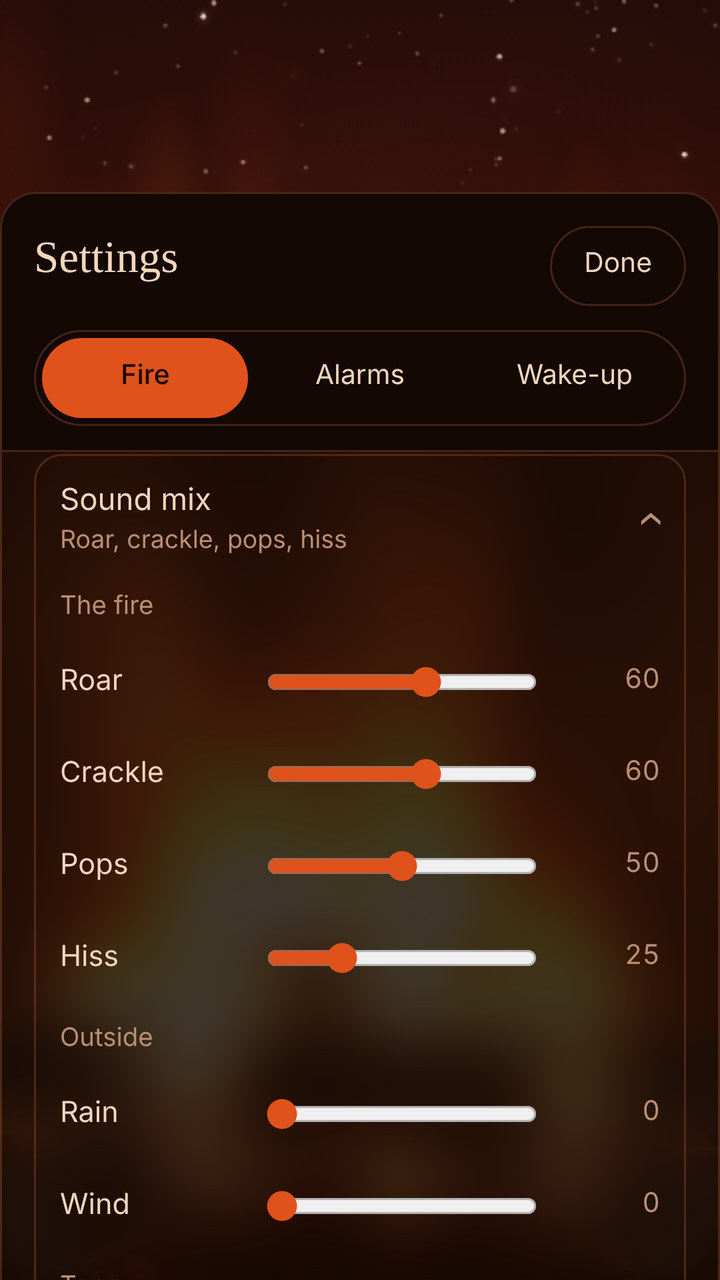 The Sound mix settings: sliders for roar, crackle, pops and hiss, then rain and wind outside.