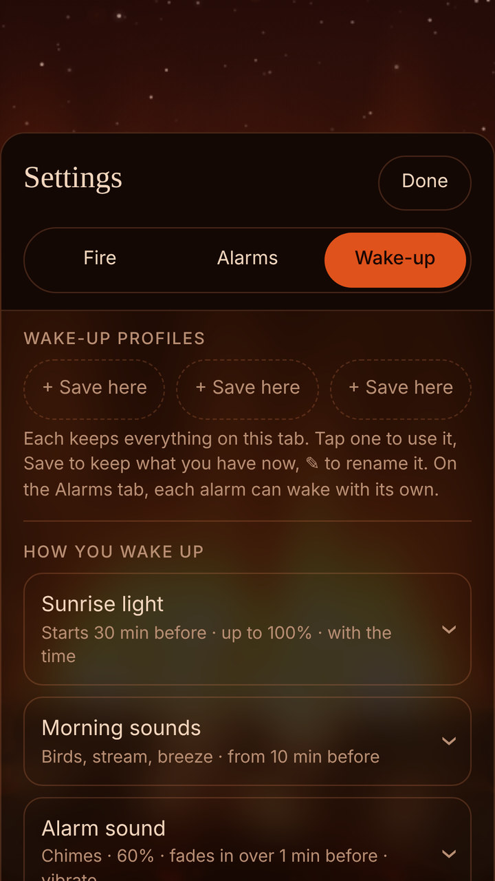 The Wake-up settings: three wake-up profile slots, then sunrise light, morning sounds and alarm sound, each summarised on one line.