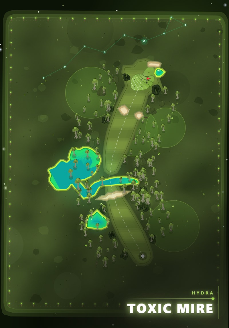 A golf hole through a toxic mire: a narrow green corridor between glowing pools.